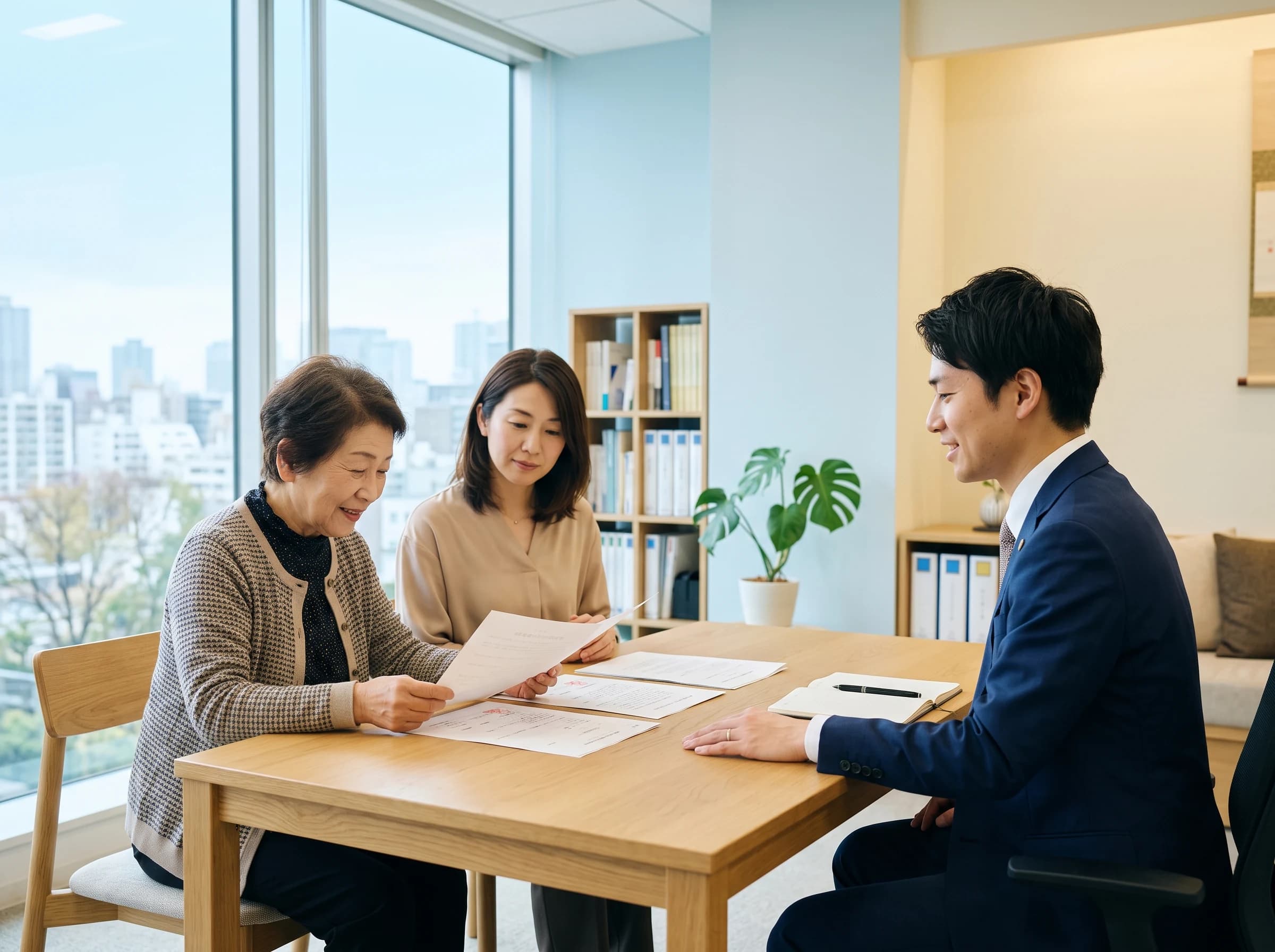 書類を囲んで家族と専門家が対話する相談イメージ